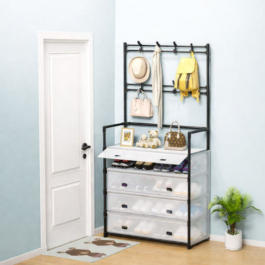 Organizator 169x35x57cm, Cuier cu Suport pentru Pantofi, Structură Metalică, Sertare cu Husă din Material Textil