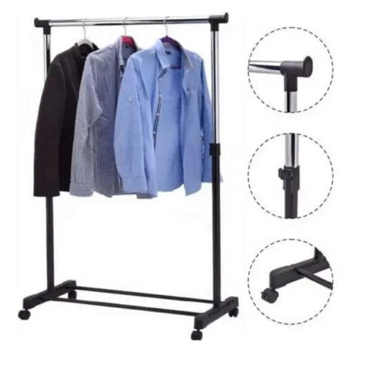 Suport pentru Haine din Metal 82-135cm, cu 2 Bare Duble pentru Umerașe și Raft pentru Depozitare