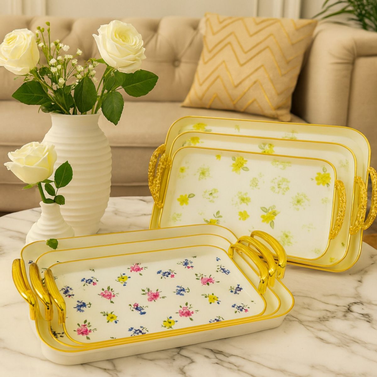 Tăvi Decorative 3/set din Plastic 42x30cm, Model Floral cu Mânere de Diferite Dimensiuni Engros