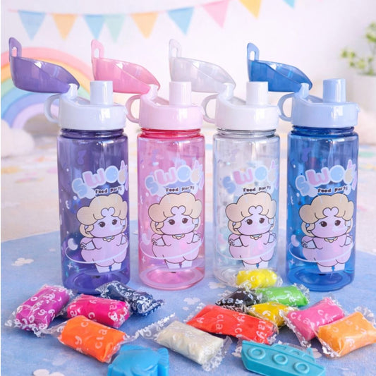 Sticlă pentru Apă Copii 21cm, cu Capac Flip, 12 Plastiline Colorate și Forme pentru Modelat Incluse, Diferite Desene Colorate