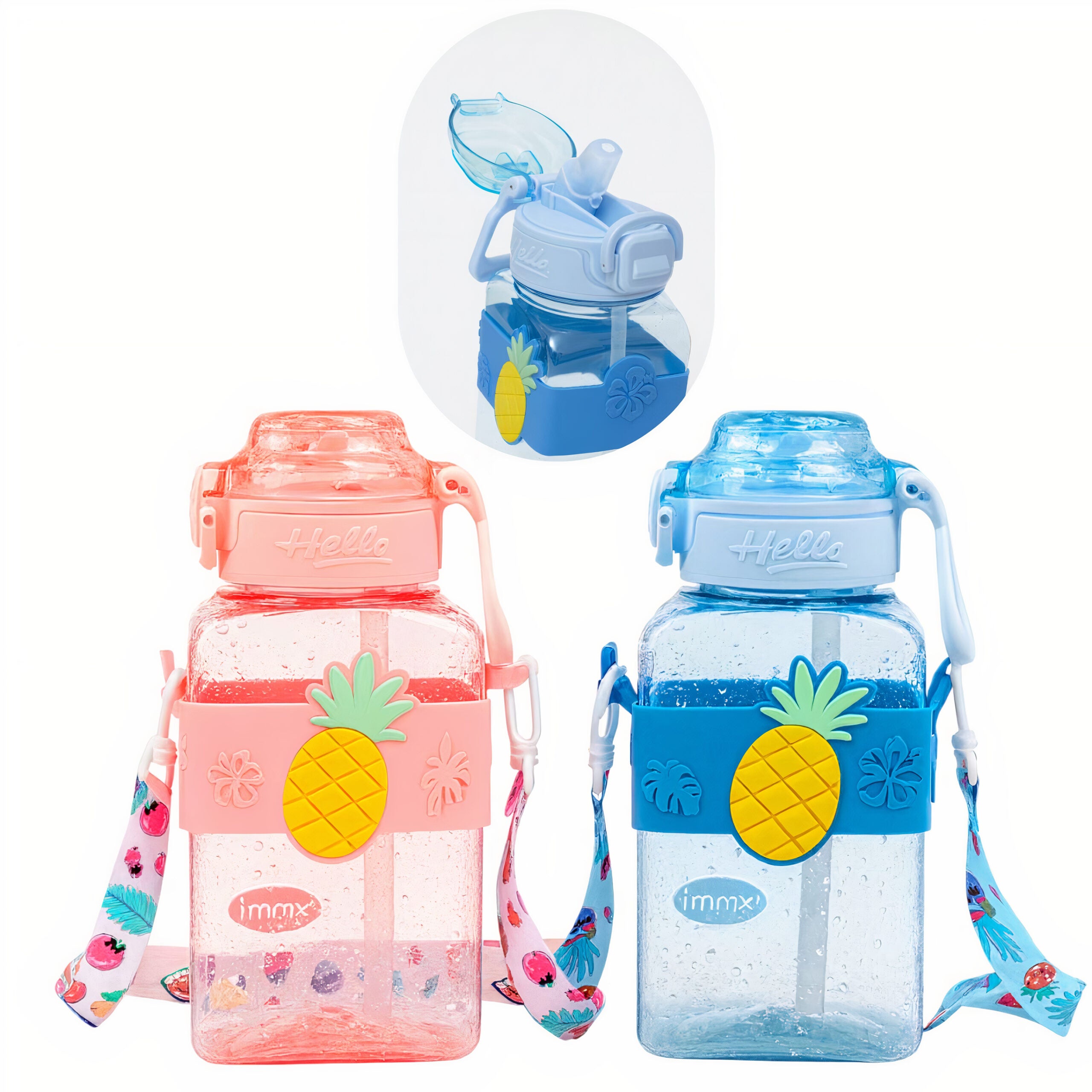 Sticlă Copii 20x9x6cm cu Capac Flip și Mâner, Model Ananas Diferite Culori Engros