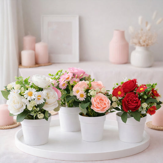 Flori Artificiale cu Trandafiri și Margarete, 22 cm, în Ghiveci Alb, Diferite Culori – Engros