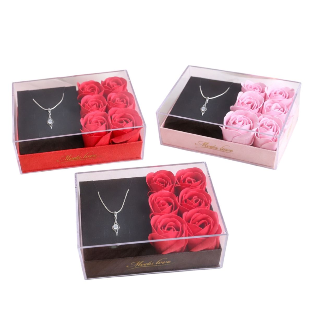 Cutie Cadou 13x9x5cm cu 6 Trandafiri Artificiali 3x4cm din Spuma, și Colier Elegant, în Cutie Transparentă Diferite Culori