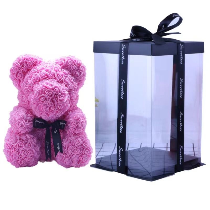 Ursulet din Trandafiri 23cm cu Flori de Spuma, in Cutie Transparenta 30x17cm Diferite Culori Engros