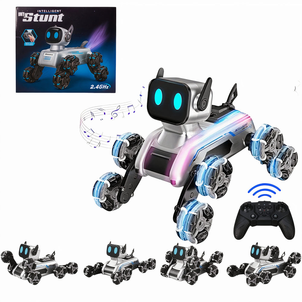 Cățel Robot Interactiv 19x15x16cm cu 8 Roti Omni-Direcționale Mișcări Acrobație, Lumină și Muzică Control prin Telecomandă Baterie Durabilă și Ecran LED Animat cu Efect Spray Diferite Culori Engros