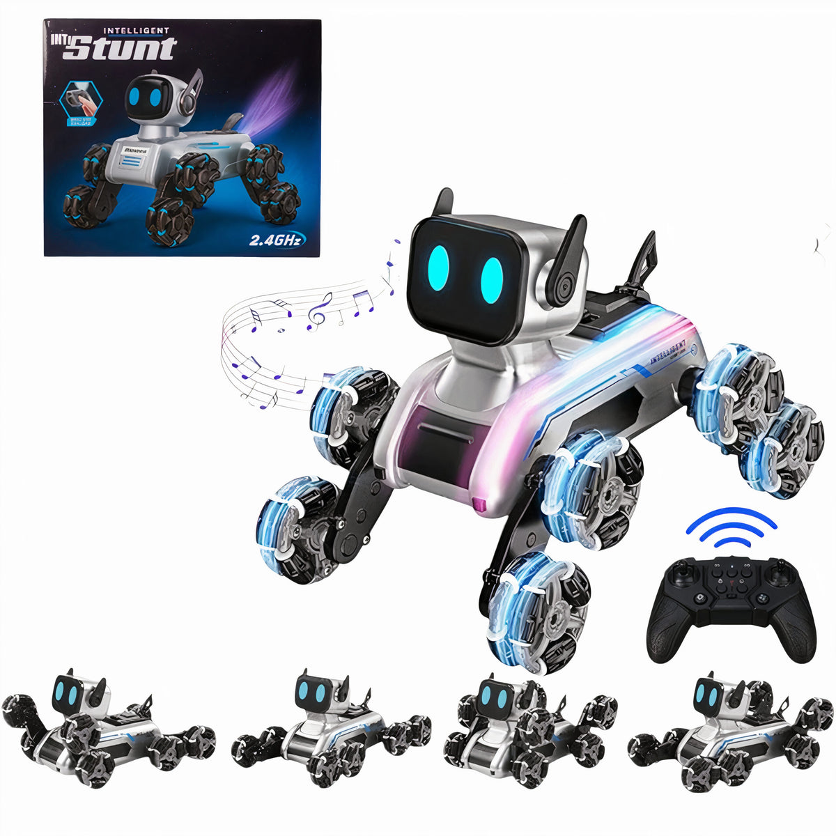 Cățel Robot Interactiv 19x15x16cm cu 8 Roti Omni-Direcționale Mișcări Acrobație, Lumină și Muzică Control prin Telecomandă Baterie Durabilă și Ecran LED Animat cu Efect Spray Diferite Culori Engros