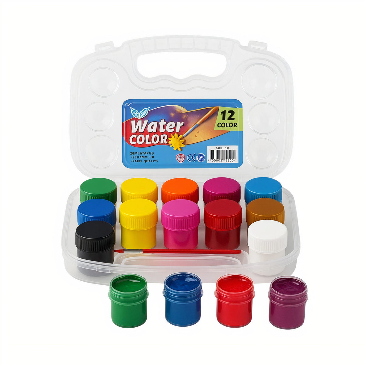 Acuarele la Borcan 4cm pe Bază de Apă 12/set cu Pensulă, în Cutie 18x14cm cu Mâner Transparentă Engros