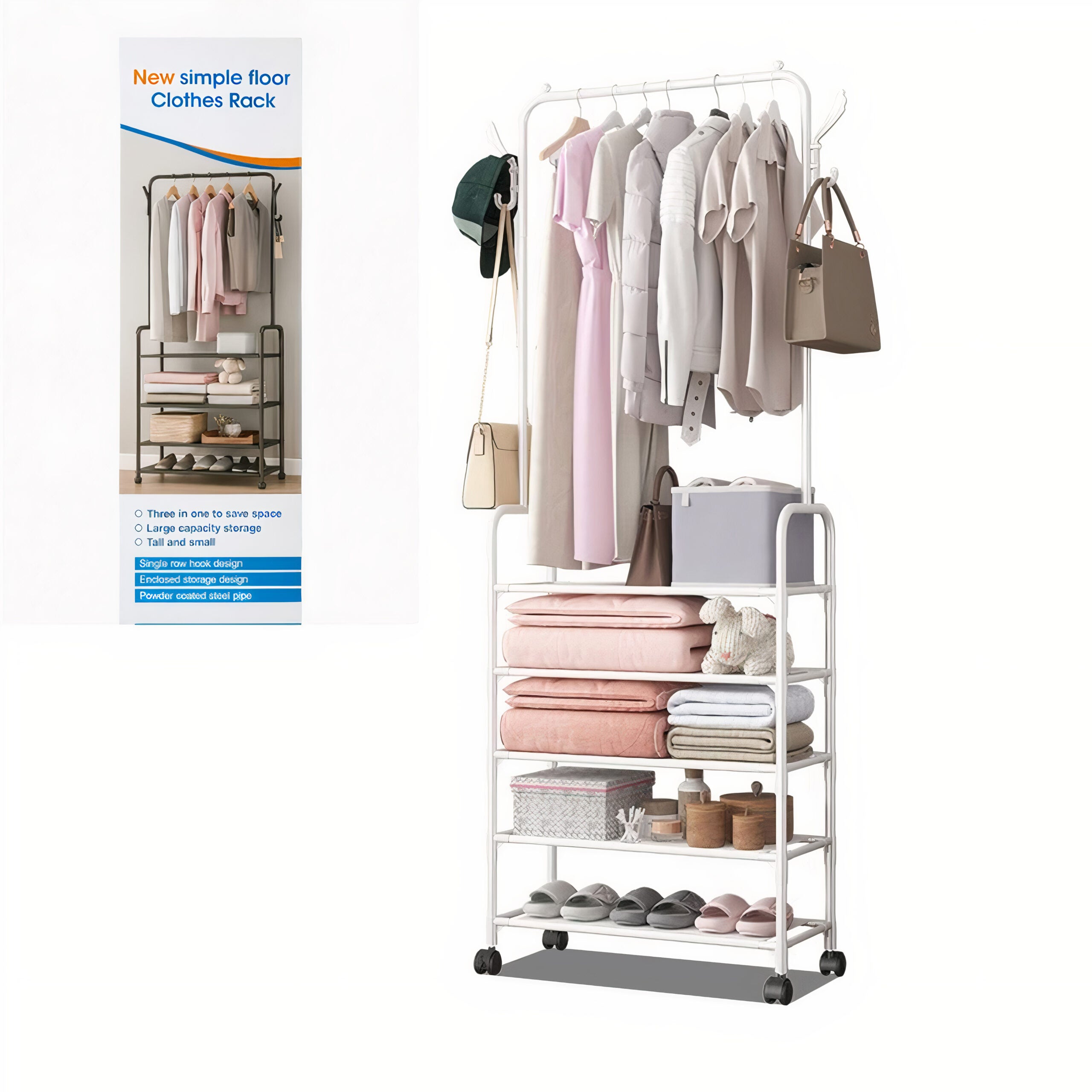 Dulap Organizator 60x29x1.70cm Metalic pe Roți, cu Bară pentru Haine și 5 Rafturi de Depozitare Engros