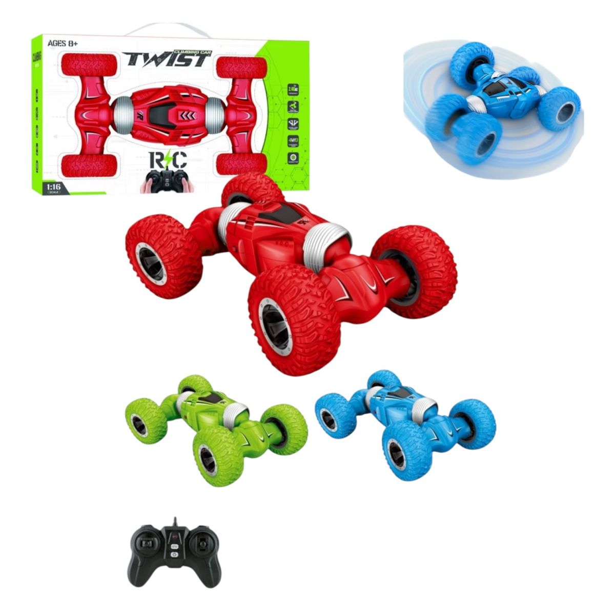 Mașină Cascadorii 37x10x20cm Rotativă cu Roți Mari, Telecomandă 2.4G Model Off-Road Diferite Culori Engros
