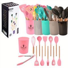 Ustensile de Bucătărie 12/set din Silicon cu Mânere 32cm, din Lemn 500g Diferite Culori Engros