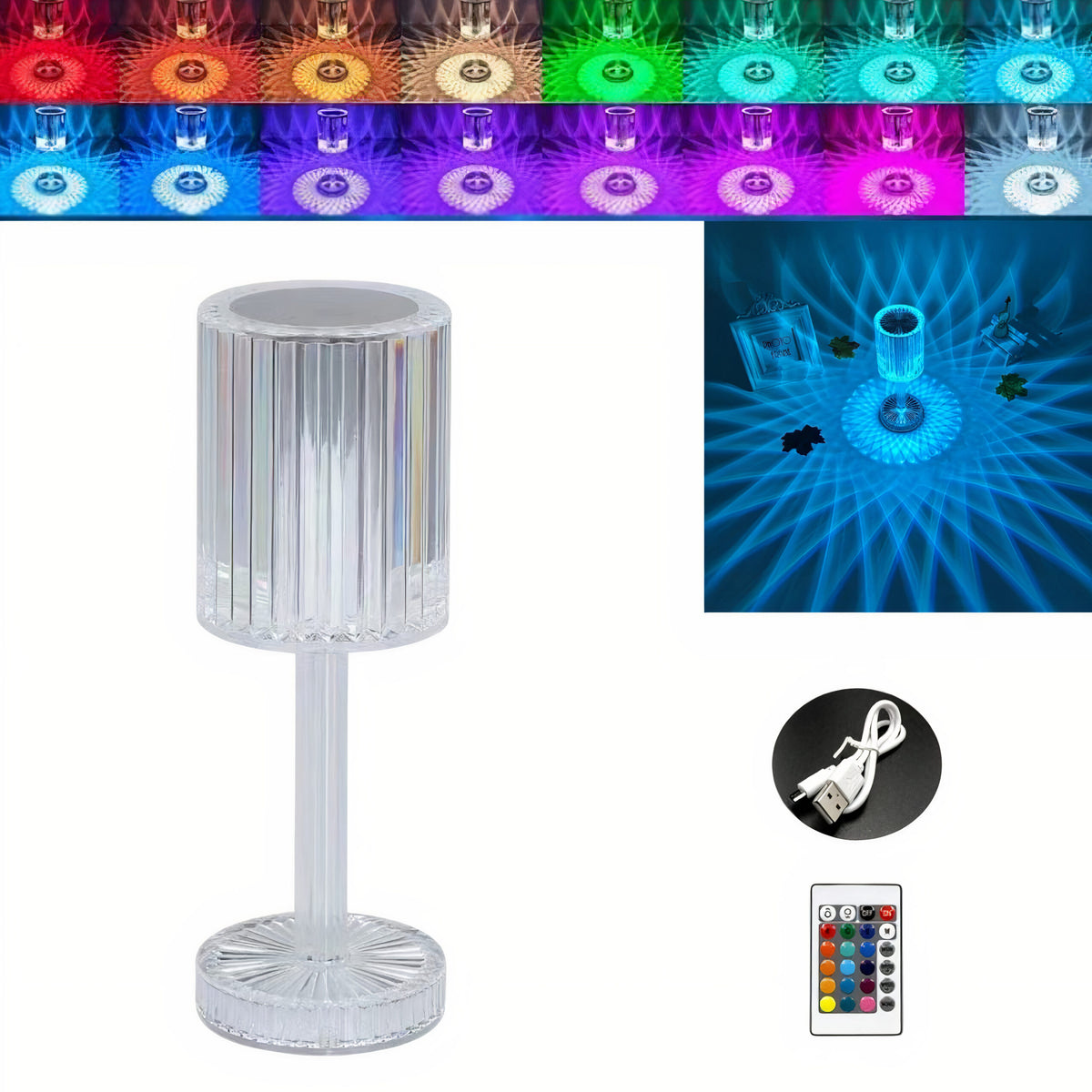 Lampa Transparenta 24cm cu LED, Model Cristal cu Acumulator, Incarcare USB si Telecomanda Engros
