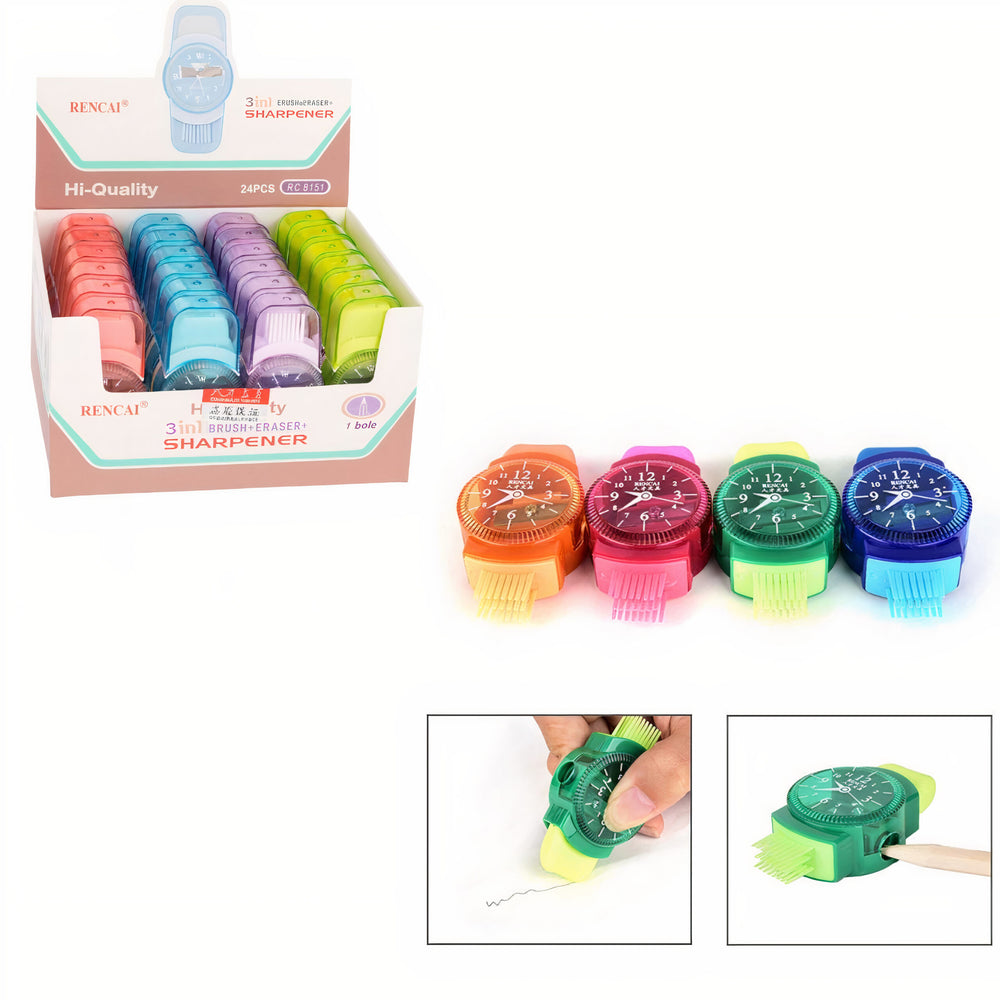 Ascuțitoare 3 în 1 cu Gumă de Șters și Perie 24/set Model Ceas de Mână 7cm Diferite Culori Engros