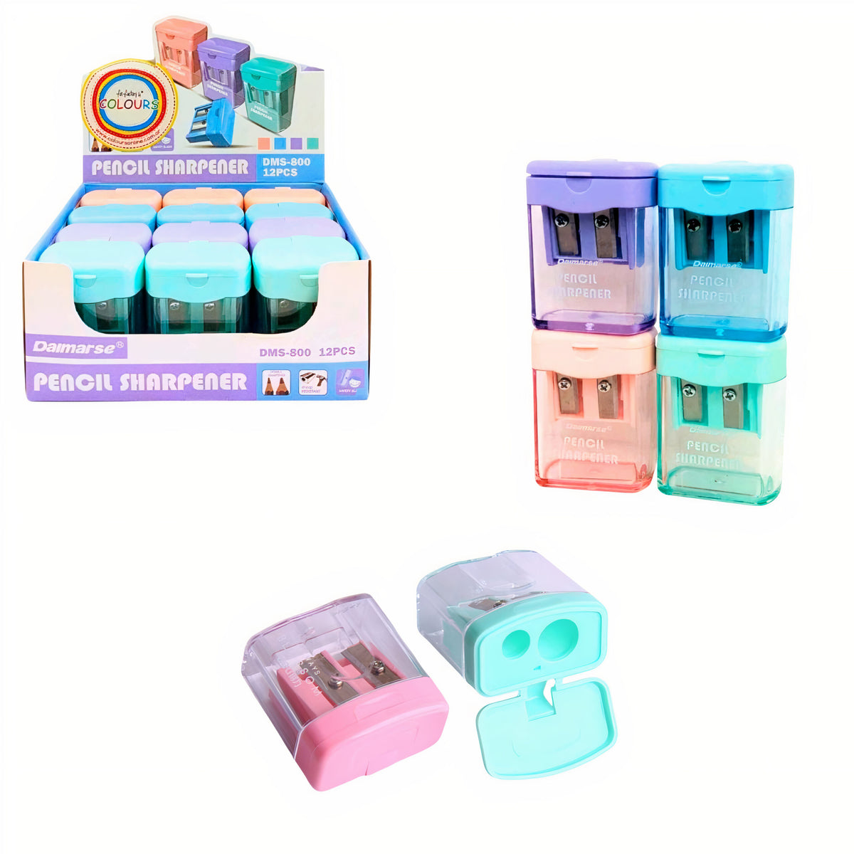 Ascuțitoare 2 Dimensiuni 4cm cu Recipient, Forma Patrata 24/set Diferite Culori Engros