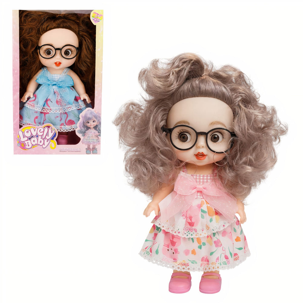 Păpușă 26cm cu Ochelari, Rochiță Colorată și Păr Bogat Diferite Modele Engros