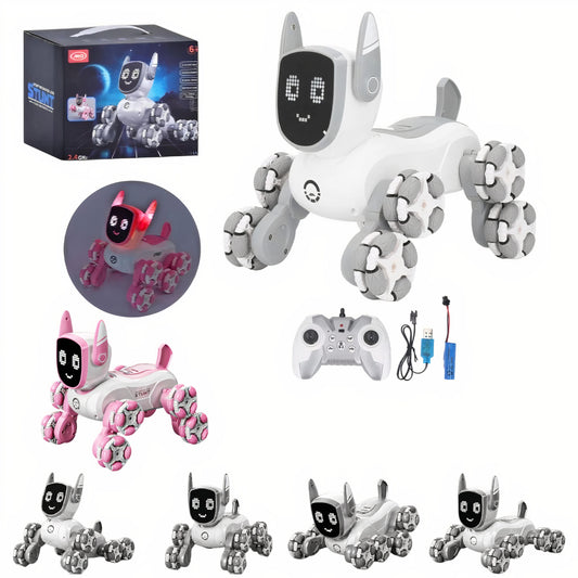 Cățel Robot Interactiv 19x15x16cm cu 8 Roti Omni-Direcționale Mișcări Acrobați , Lumină și Muzică Control prin Telecomandă Baterie Durabilă și Ecran LED Animat Diferite Culori Engros